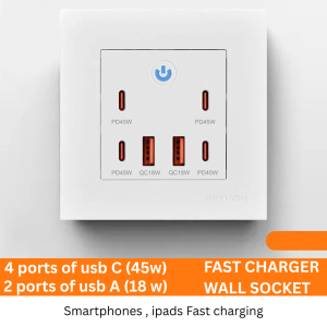 USB Outlets, 45w /65w Wall Outlet with 6 USB Ports, Dual USB C Ports Outlets, for fast charging wall sockets