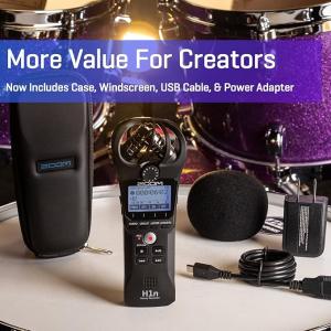 Click to see full view Zoom H1n Handy Recorder (Old Model, H1n-VP) Portable Recorder, Onboard Stereo Microphones, Camera Mountable, Records to SD Card, USB Microphone, with Case, USB Cable, Windscreen, & Power Adapter
