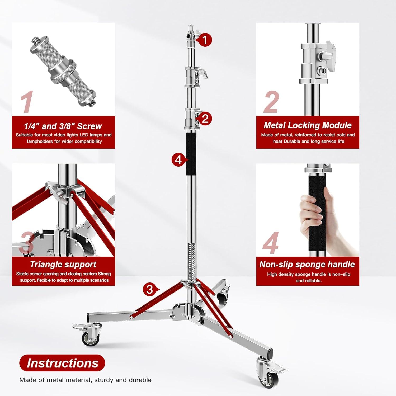 Selens 9.2ft Heavy Duty Light Stand - Tripod With Spring Damped Sections, Steel